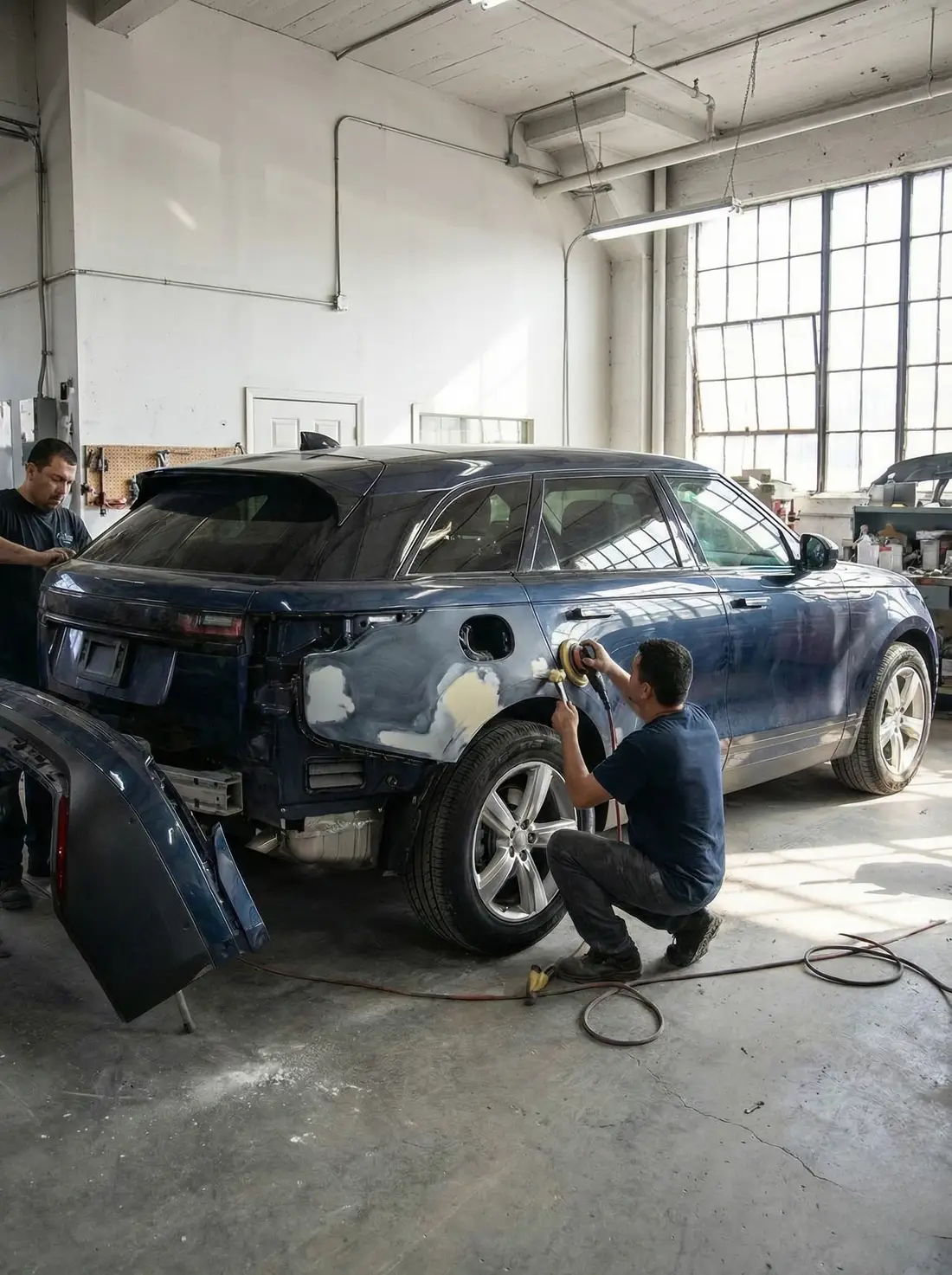 Carro batido sendo reparado em oficina após acionar o seguro auto